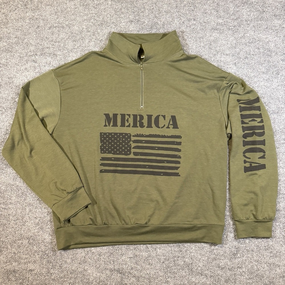 MERICA Womens 2XL American Flag Army Green Long Sleeve 1/4 Zip Sweater